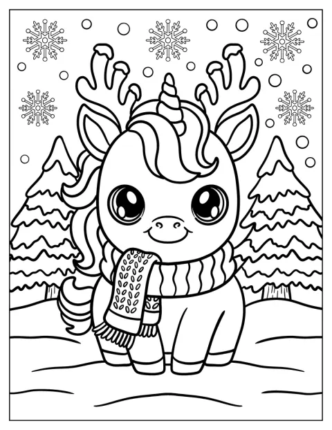 Com um cachecol ao pescoço, o unicórnio caminha por uma floresta coberta de neve.