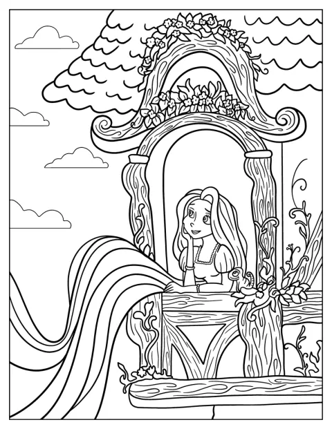 Rapunzel står med sitt långa hår i tornet.