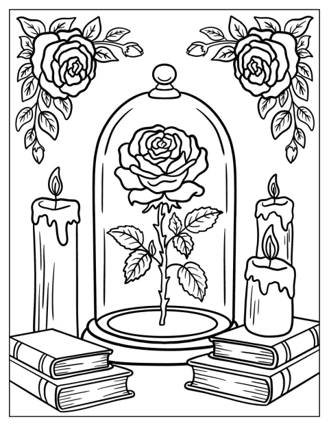 Una rosa bajo una campana de cristal está rodeada de velas y libros.