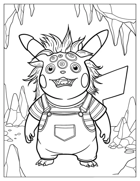 Pikachu porte une salopette rayée et un déguisement de monstre.