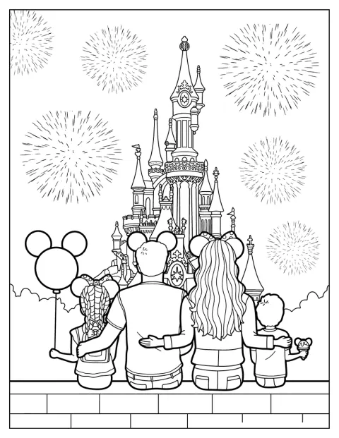 家族がディズニーランドで、夜空に打ち上がる花火を眺めています。