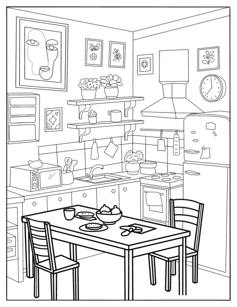Modern berendezésű konyhában étkezőasztal áll.