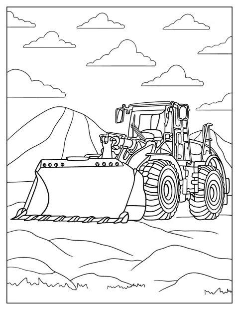 En bulldozer står parkerad bland höga berg.