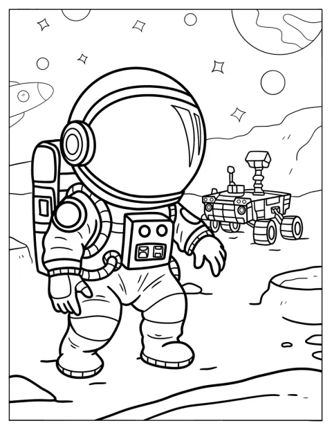 Roztomilý astronaut kráčí kolem robotického roveru po povrchu cizí planety.