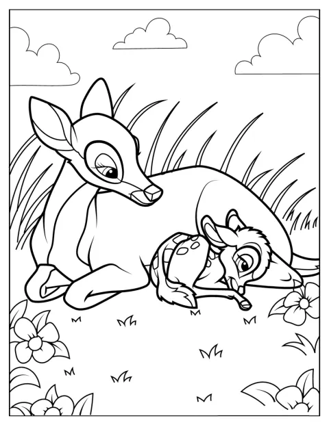 Bambi ligger og sover tæt ved sin mor.