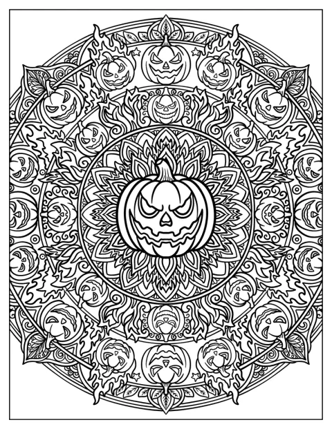 Creepy Jack O’ Lantern Mandala with Flaming Pumpkin Faces