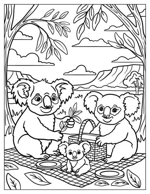 Koala Coloring Page Family Having a Picnic