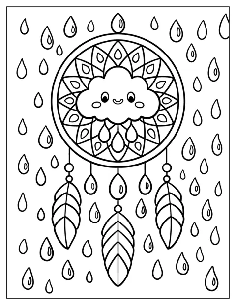 Una nube decorada como atrapasueños está rodeada de gotas y motivos ornamentales.