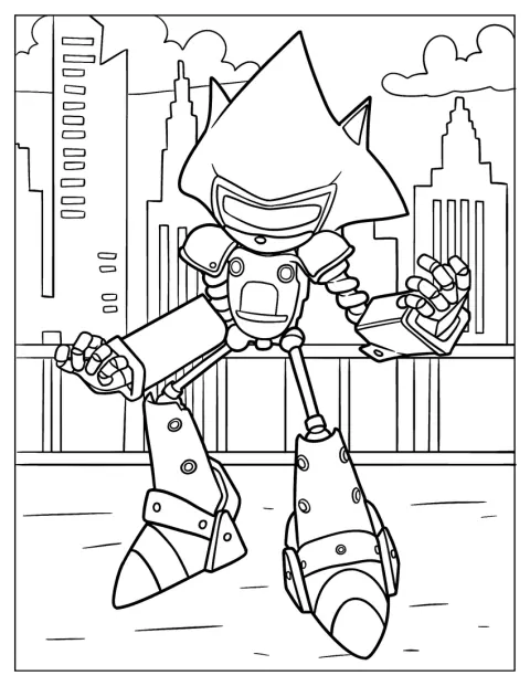 Mecha Sonic apare printre clădirile unui oraș.