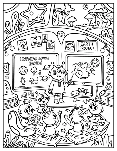 Alien Teacher in a Classroom with Alien Kids Coloring Page