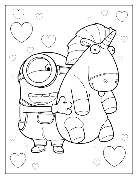 Un Minion ține în brațe un unicorn de jucărie.