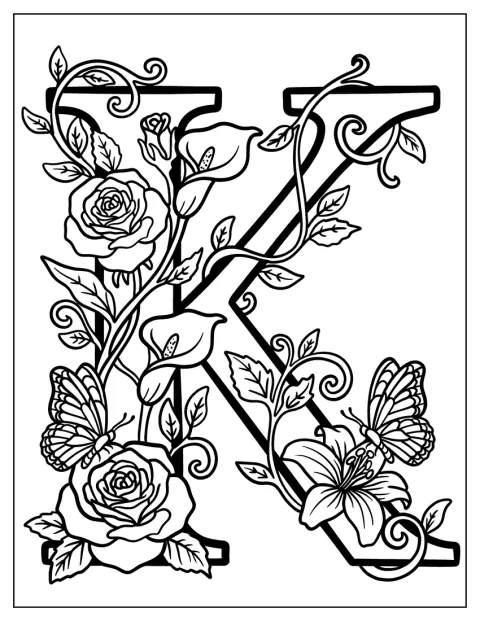 Enredaderas y rosas decoran una elegante letra K con remates.