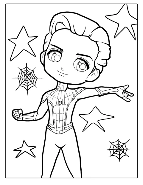 Spider-Man, con el aspecto de Tom Holland, posa con una expresión adorable y rasgos kawaii.