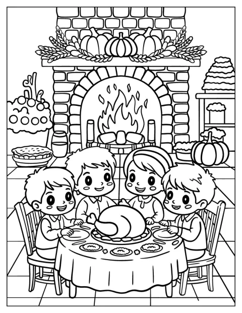 Des enfants partagent le dîner de Thanksgiving près d’une cheminée.