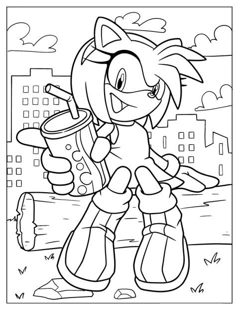 Amy Rose senta-se num tronco enquanto segura uma bebida.