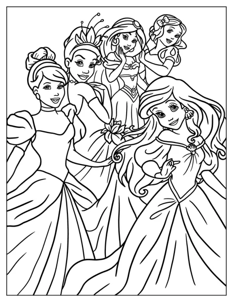 Vijf prinsessen staan samen: Sneeuwwitje, Jasmine, Tiana, Assepoester en Ariel.