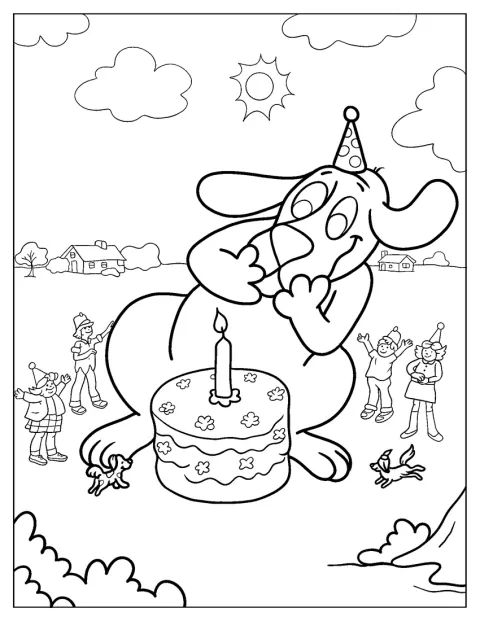 クリフォードが、誕生日ケーキの横でうれしそうにしています。