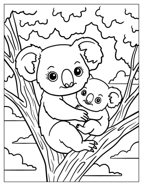 En koalamor holder om sin unge, mens de sidder i et træ.