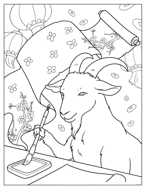 Mądry baran z chińskiego zodiaku ćwiczy kaligrafię pędzlem.