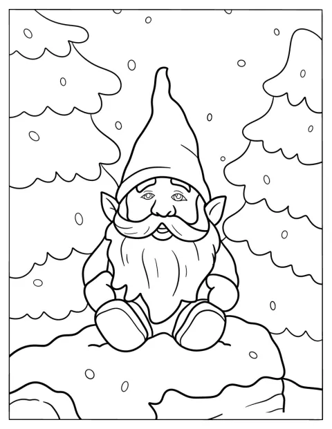 På en sten sitter en tomte i ett vintrigt landskap.