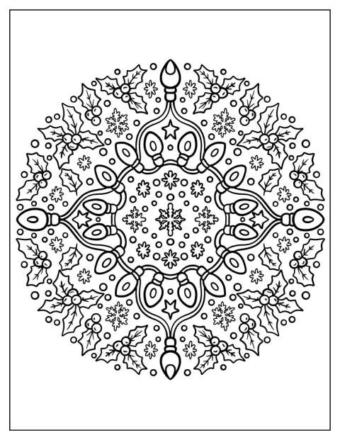 Julelys og kristtornblader inngår i en elegant mandala.