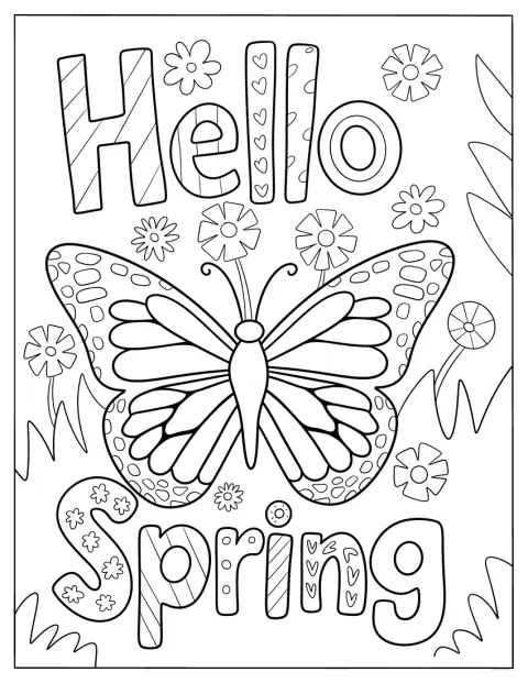 Festive Hello Spring Words With Butterfly In The Garden