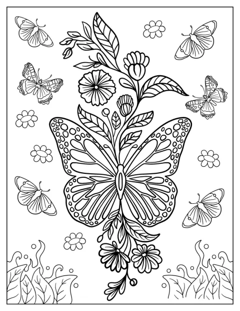 Beautiful Butterfly Coloring Page On A Vine Of Flowers