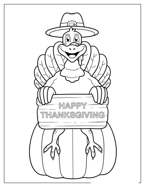 Ein Truthahn feiert Thanksgiving neben einem Kürbis.