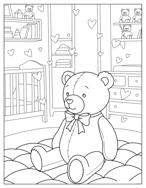Ein sitzender Teddybär ist von Herzen umgeben und steht im Kinderzimmer.
