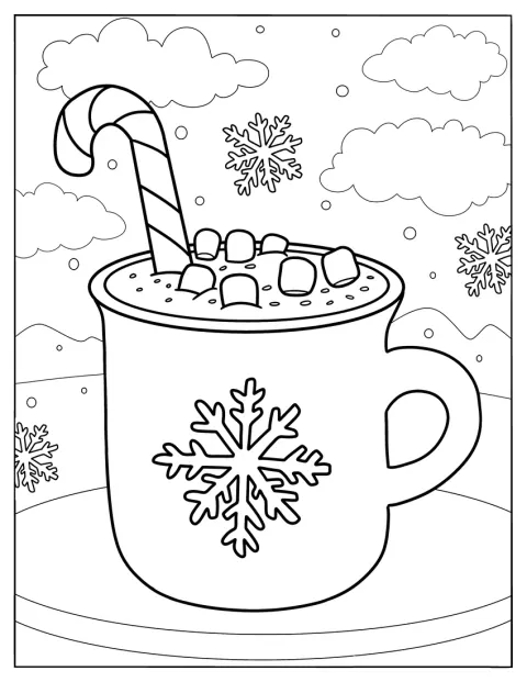 Un bastoncino di zucchero e alcuni marshmallow guarniscono la tazza di cioccolata calda.