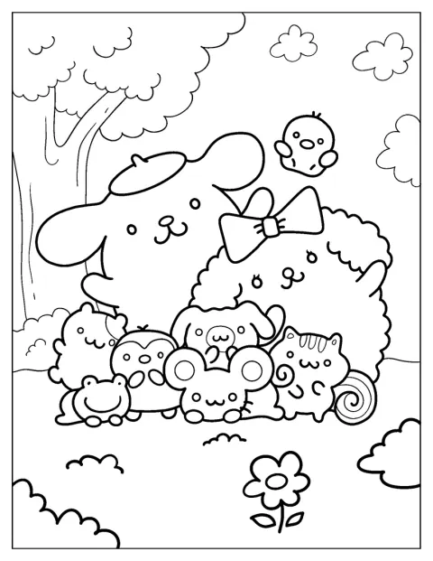 Pompompurin stă alături de Macaroon și prietenii lor.
