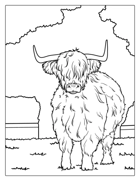 Fluffy Highland Cow Coloring Sheet For Kids