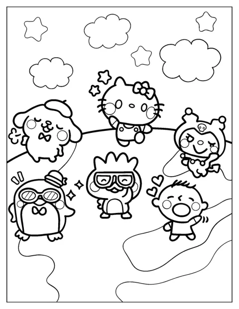 De Sanrio-vrienden dansen samen vrolijk in het rond.