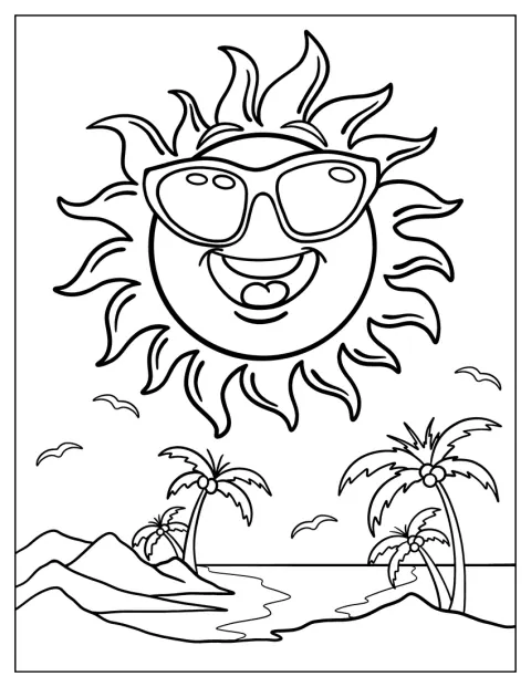 El sol lleva gafas de sol mientras brilla sobre la playa.