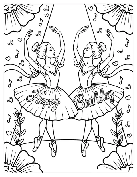 Two Ballerinas with Happy Birthday Coloring Page on Their Tutus