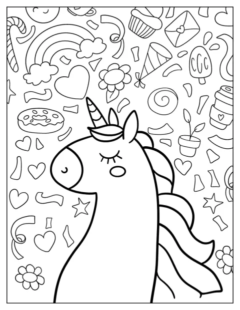 Um unicórnio sonha com uma variedade de doces.