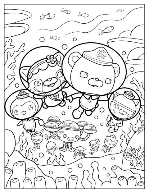 Capitán Barnacles, Min, el pingüino Peso y Kwazii exploran juntos bajo el agua.