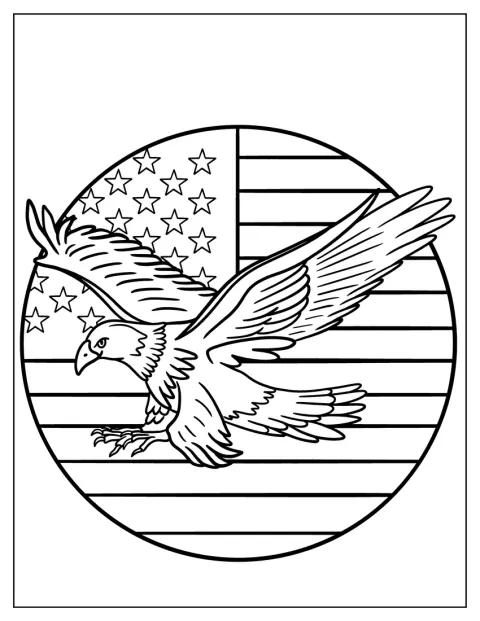 Een adelaar staat afgebeeld met een Amerikaanse vlag.