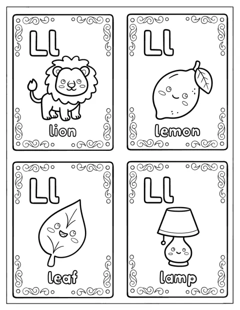 Vier Karten zeigen einen Löwen, eine Zitrone, ein Blatt und eine Lampe zum Buchstaben L.