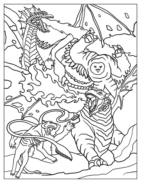 En uglebjørn, en svart drage, et displacer beast og Themberchaud står samlet i en fantasiverden.