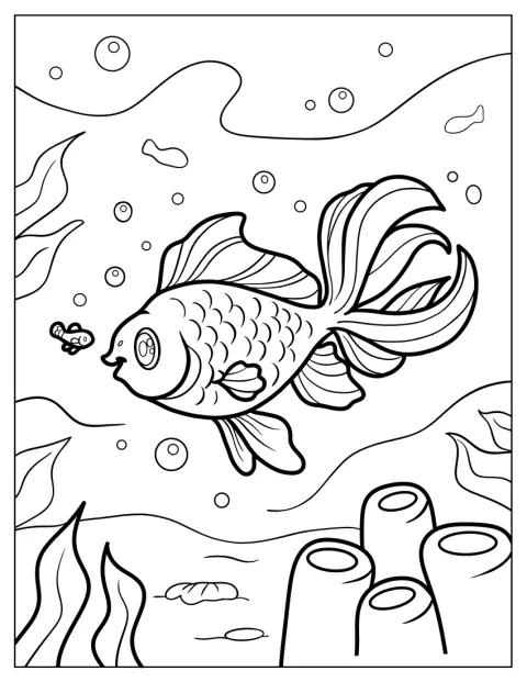 ひれやうろこまで細かく描かれた金魚が、水中を泳いでいます。
