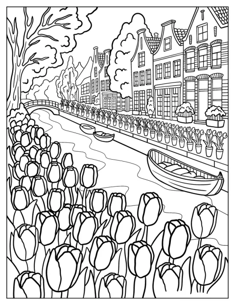 Tulipas florescem junto a um canal, com barcos e casas clássicas ao fundo.