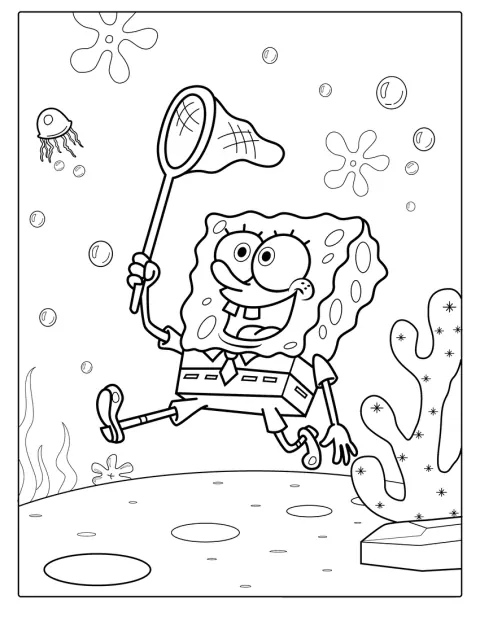 Svampebob bruker en håv for å fange maneter.