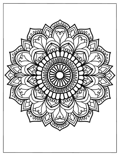 En detaljeret blomstermandala er fyldt med regnbuemønstre.