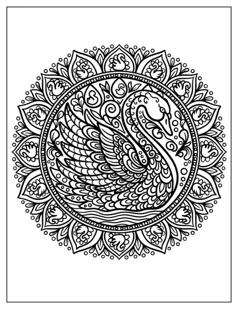 O lebădă elegantă este înconjurată de modele decorative din petale.