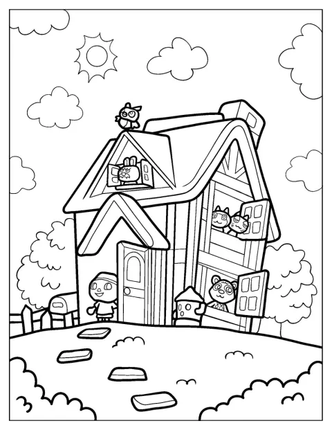 Un habitant, Tom Nook et leurs amis se tiennent devant une grande maison.
