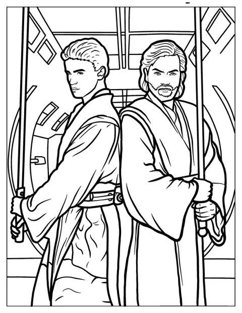 Luke Skywalker e Obi-Wan Kenobi estão de costas um para o outro.