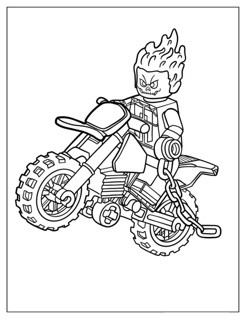 Ghost Rider, hecho de piezas de LEGO, monta en su moto infernal.