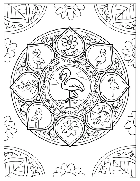 Blomster og mønstre danner en dekorativ flamingo i mandalastil.
