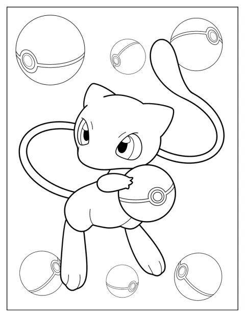 Mew trzyma Poké Ball w łapkach i patrzy przed siebie.